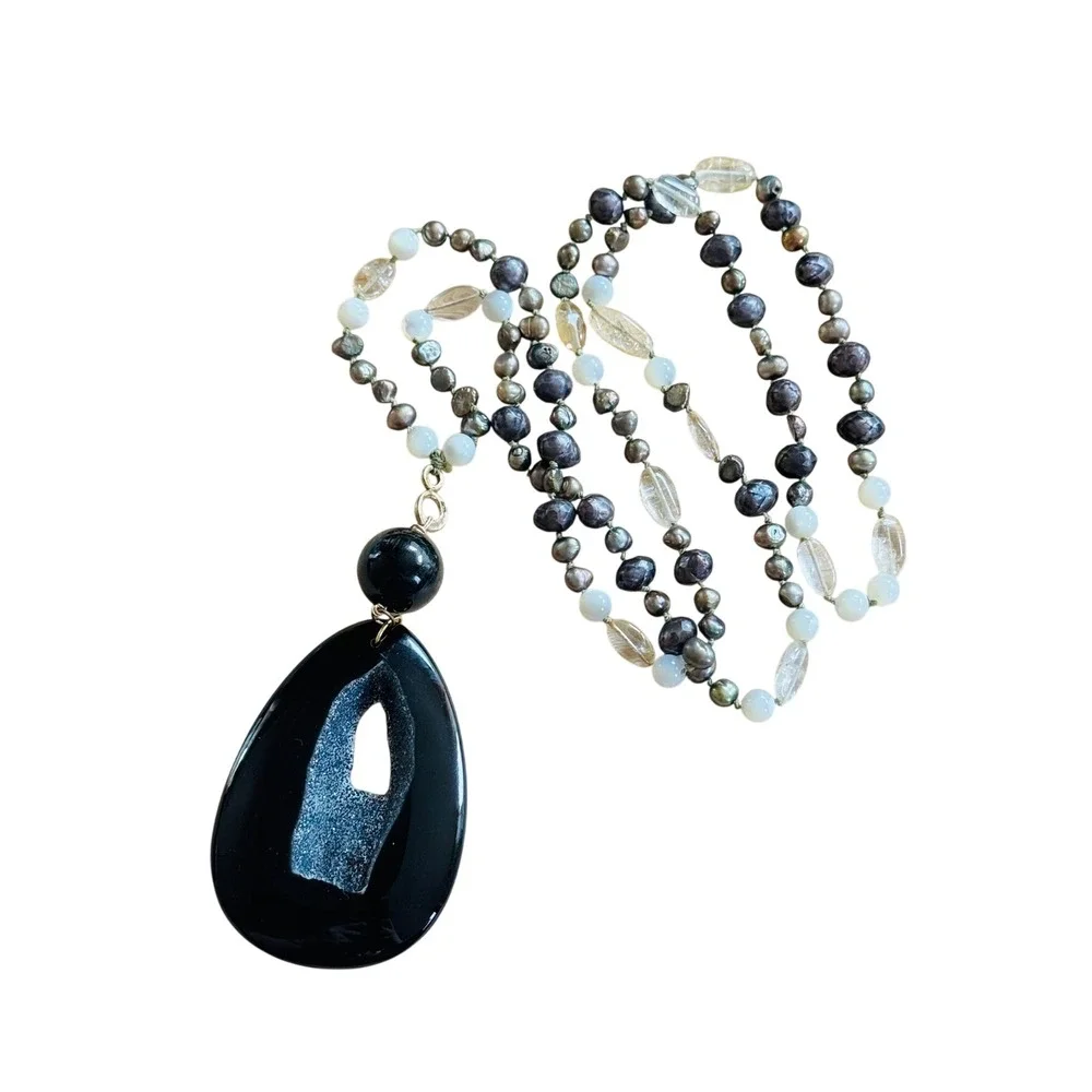 VTG‎ Y2K Pearl Druzy Onyx Citrine Necklace BOHO Artisan Mod Beaded OOAK 35